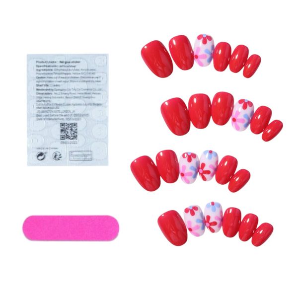 24Pcs Short Oval Flower Design Press-On Nails - Red/Nude
