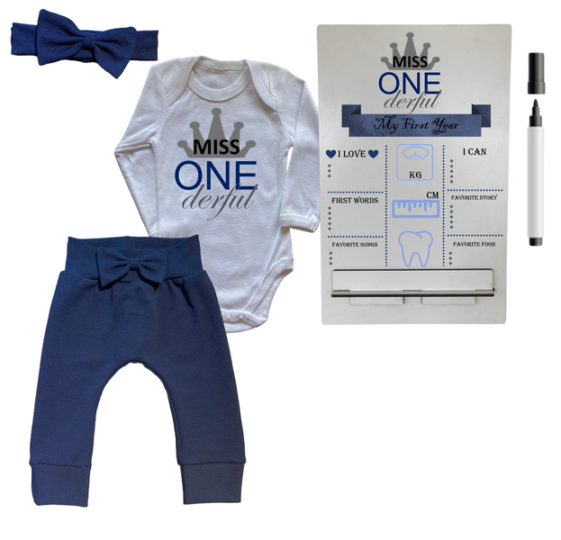 First Birthday Outfit-Long Sleeve &amp; Milestone sign-One'derful Crown