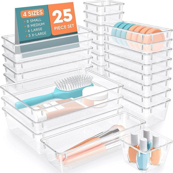 Clear Drawer Organizer Set, Versatile Organizer Trays and Storage Bins - 25 Piece