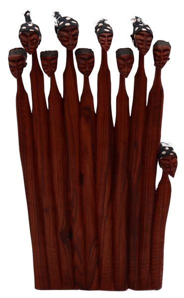 African Hand Carved 10 Head Figurine
