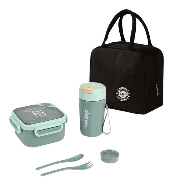 Black Insulated Lunch Bag And Green, Square Plastic Lunch Box Set And Cup