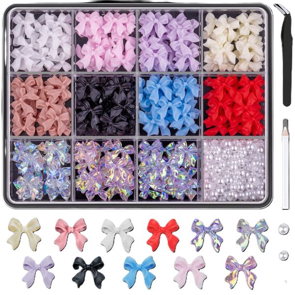 Bow Nail Charms and Flatback Pearls Set , 600 Piece 11 Colors Nail Jewels