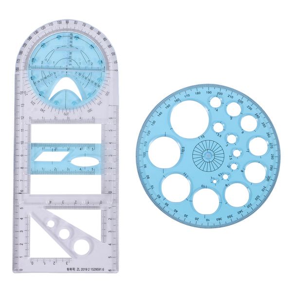 2 Pcs Multifunctional Geometric Ruler Plastic Circle Drawing Tool