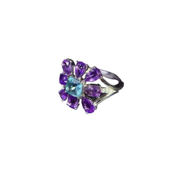 Amethyst Topaz Ring With Floral Open Design, Suitable For Banquets