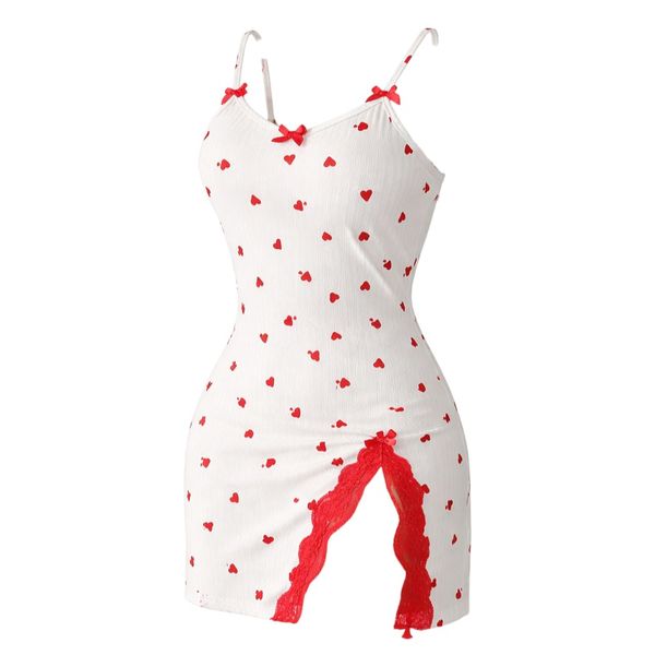 Lace Bow Suspender Nightgown - Red And White