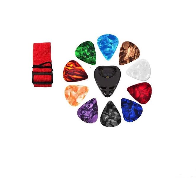 Red Guitar Strap With Pick Box and Plectrums