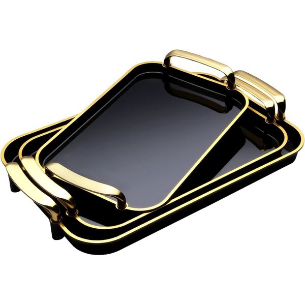 Serving Tray Set Fruit Dinner Food Tray Rectangle with Golden Handle - 3 Piece