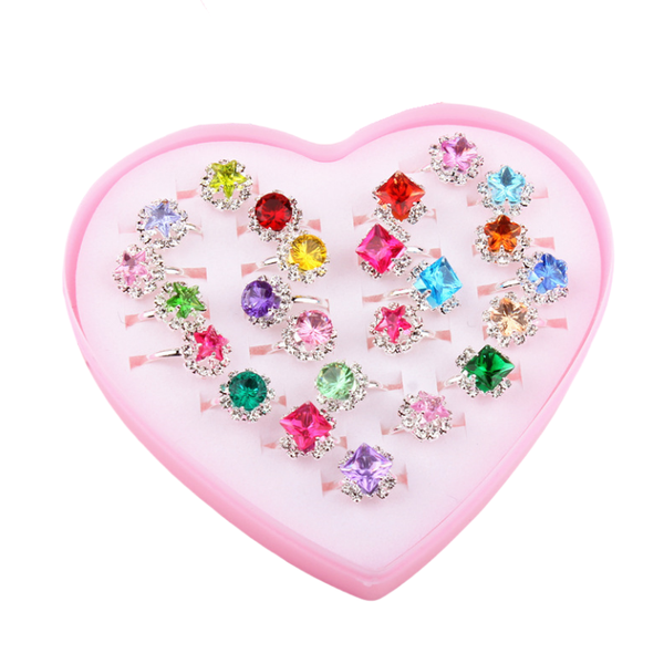 Kids Girl Rings, Adjustable Gemstone Ring with Pink Heart Box - 24 Piece