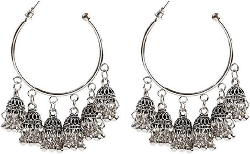 Jhumka Earring - Big Round Ladies Orecchino Indian Vintage Silver Colour