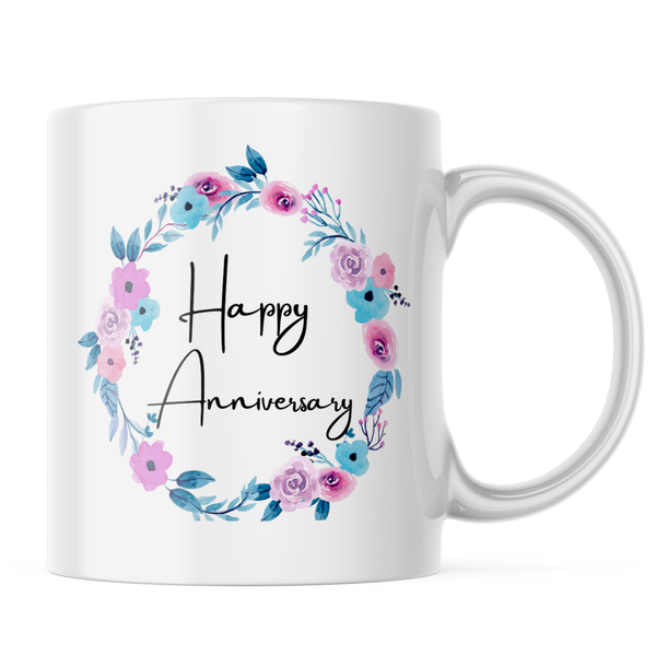 Ceramic Happy Anniversary Flowers Mug - White - 11-Ounces