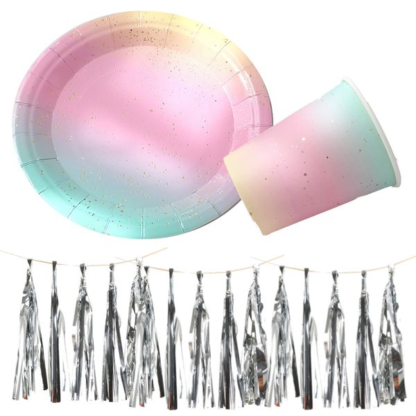 Party Disposable Paper Plates and Cup Set With Tassels &amp; Decor