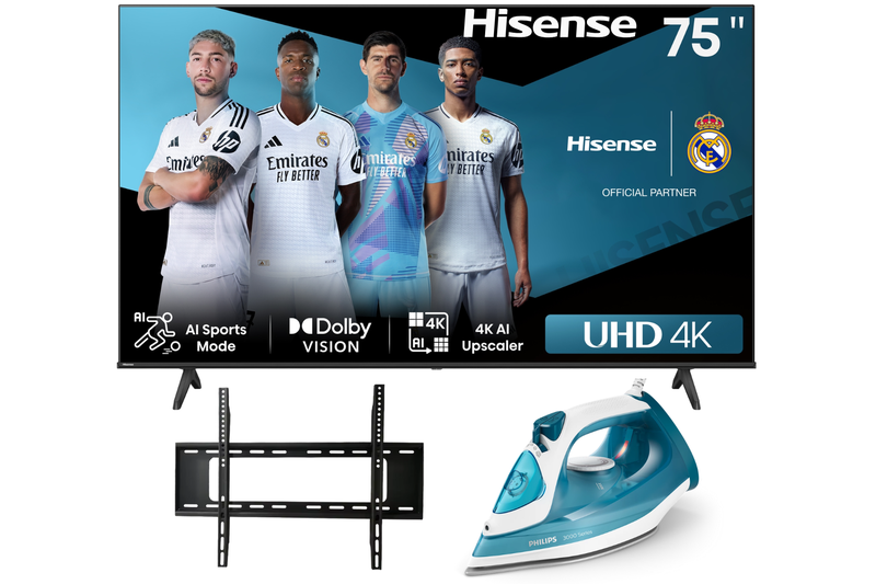 Hisense 75" 4K UHD Smart TV + Philips Steam iron + TV Bracket