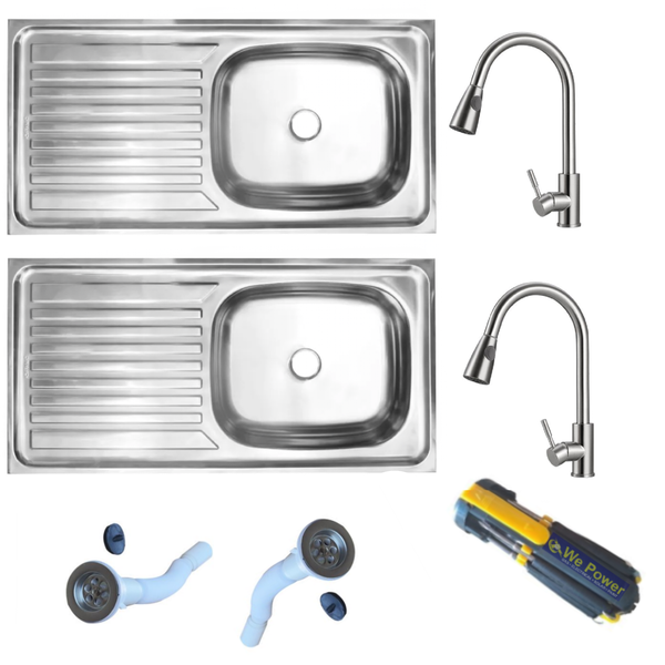 Sink Single Two No-Drop In Sinks &amp; 2 Silver Pull-Out Taps &amp; Screwdriver