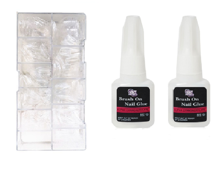 100 Pieces Artificial Nail Tips &amp; 2 Brush on Bottles of Nail Glue