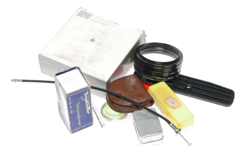 Vintage camera cable and case and filters accessories