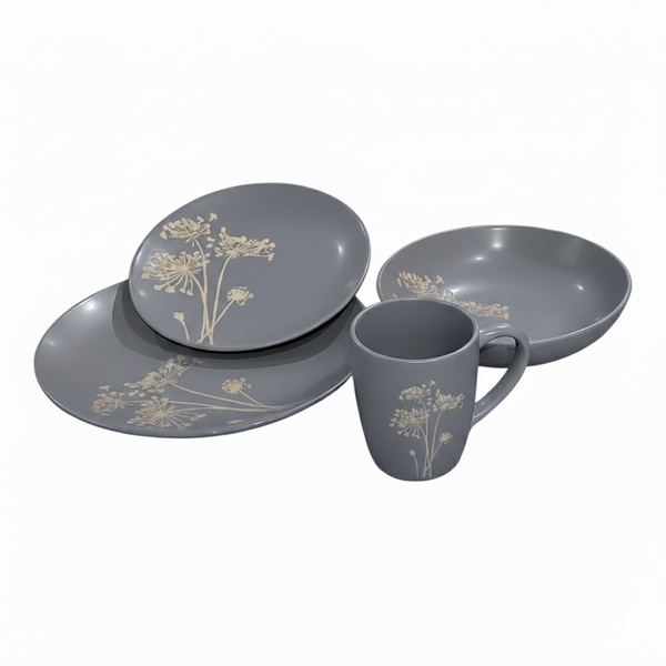 16 Piece Dinnerset Grey Stoneware Coupe Dusk Wildflower