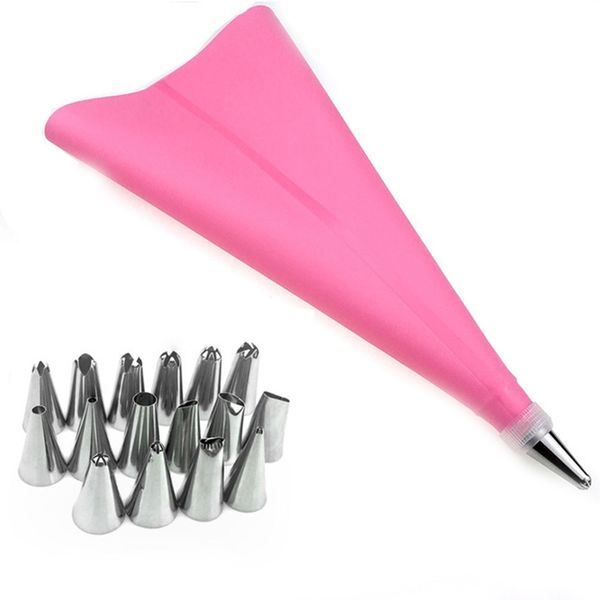Silicone Piping Bag with Stainless Steel Nozzles - 16 Nozzles