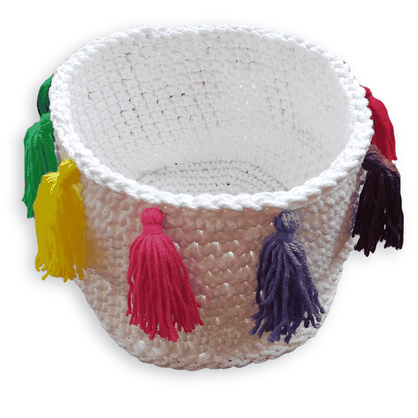 Handmade White Crocheted Basket with Rainbow Tassels