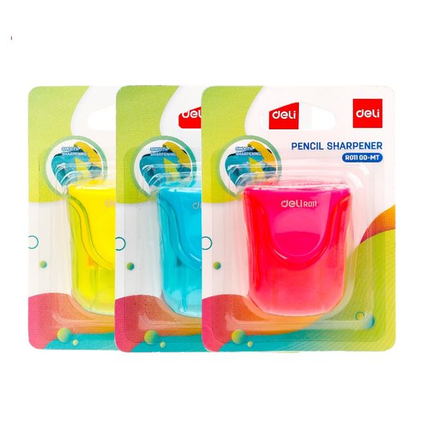 Deli Double-Hole Tub Pencil Sharpener Pack of 3,Pink, Blue, Yellow