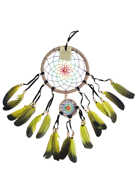 Dream Catcher 17 cm Round - Neon Green Shaded Feathers