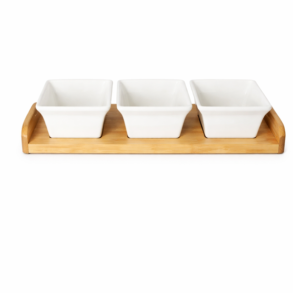 Ceramic Bowls with Bamboo Tray - Serving Set