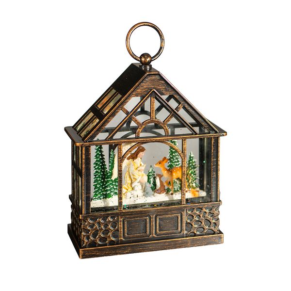 Woodland Angel Scene Christmas House LED Lantern with Swirling Snow