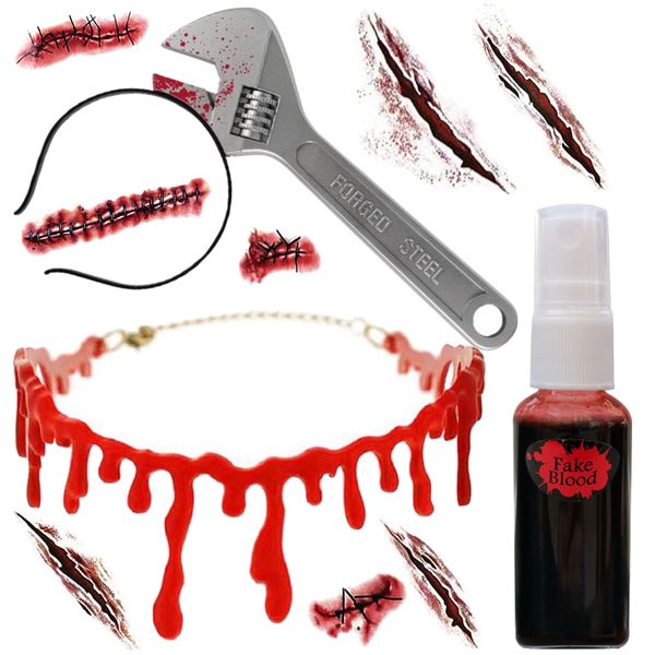 Halloween Fake Blood Necklace, Wrench Headband, Blood Spray &amp; Scar Tattoos