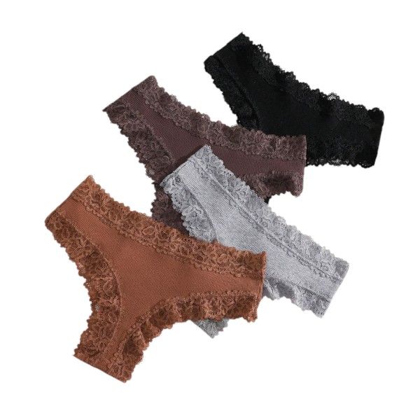 Lace-Trimmed Ribbed Thong Set - Medium - Multicolour - 4-Piece