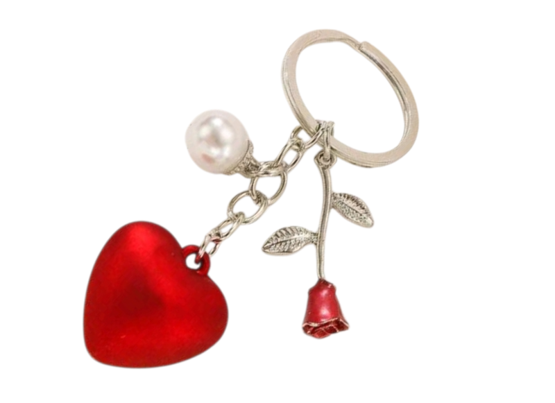 Red Rose Faux Pearl Heart Keychain-Resin Heart Keyring Pendant Silver Chain