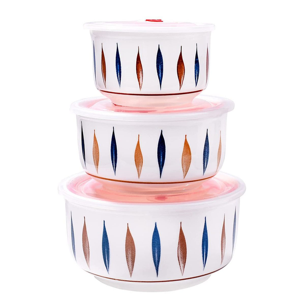 Set Of 3 Pcs Ceramic Food Storage Bowl Container With Lid