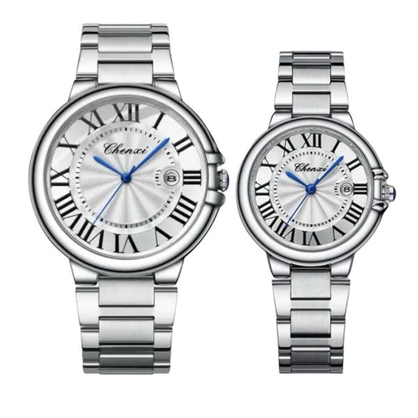 Silver Couple Watches Set - Round Analog Quartz Calendar Stainless Steel