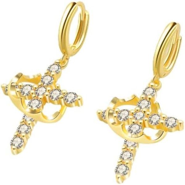 Crystal Cross Drop Earrings, Gold-Plated, Rhinestone-Studded Dangle Design