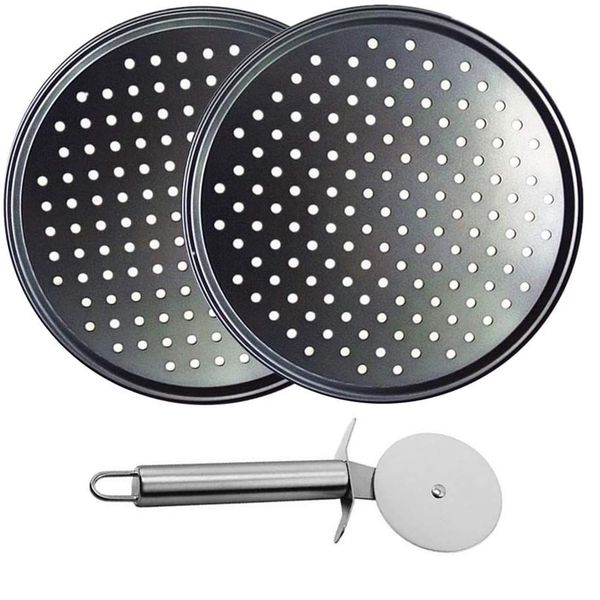 3 Piece Steel Non Stick Pizza Crisper Pan with Holes and Cutter