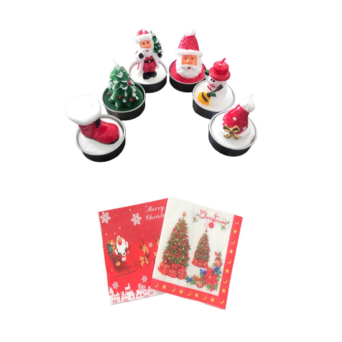 Christmas Mini Candles x 6 & Serviettes x 2 Packs of 10 Combo