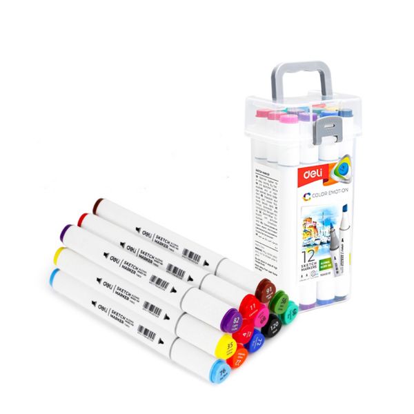 Deli Sketch Marker Dual Tips: Bullet: 1mm, Chisel: 7mm 12/24/36/48 Colours