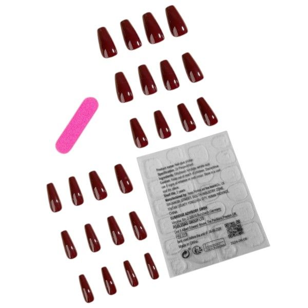 24 Piece - Glossy Coffin-Shaped Nails - Burgundy