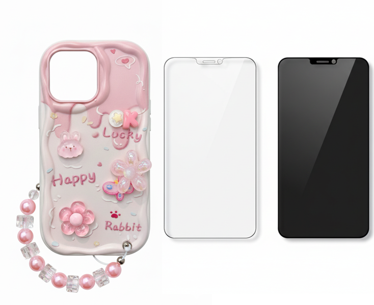 iP 16 Pro Max Kawaii 3D Rabbit Floral Phone Case + 2 Screen Protectors