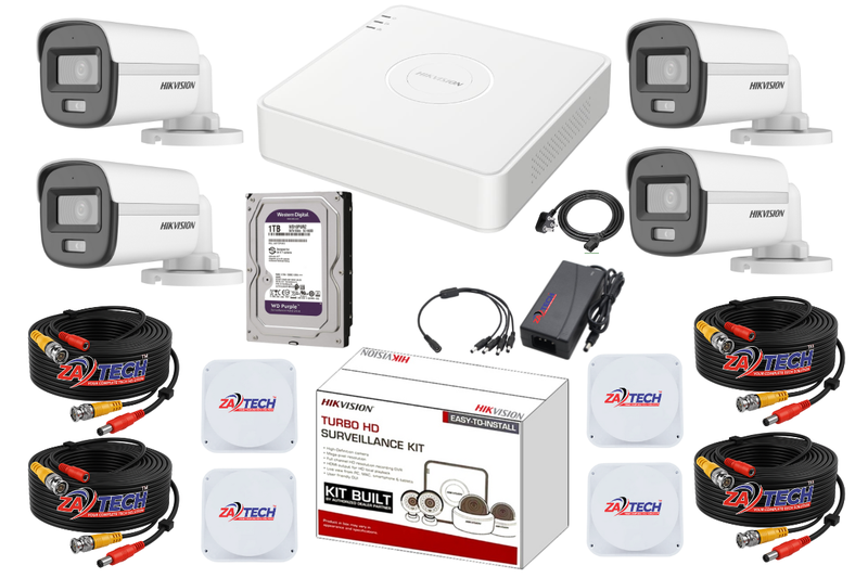 Hikvision 4-Channel ColorVu CCTV Kit with 1TB HDD, ZATECH RG59 Cable Roll