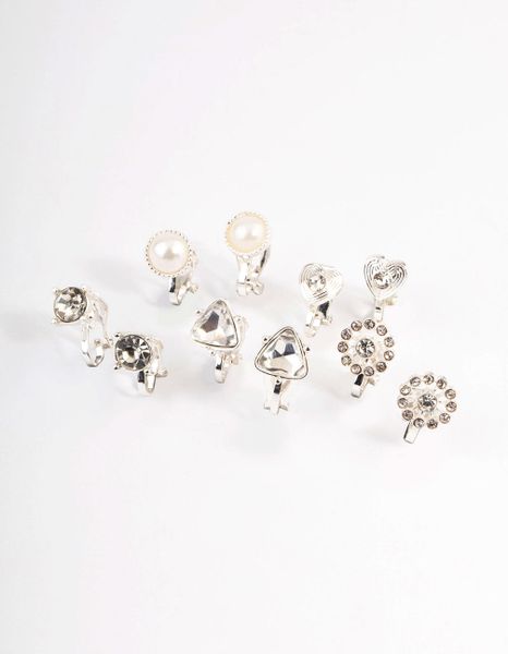 Silver Heart &amp; Flower Clip On Earrings 5-Pack