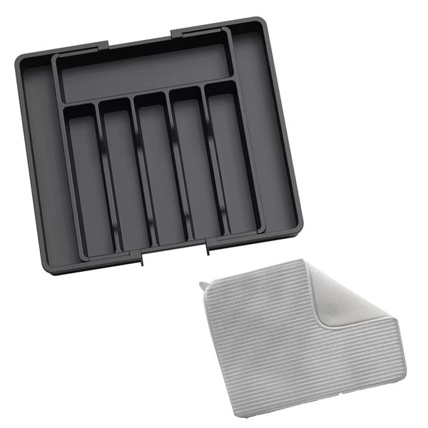 Expandable Kitchen Drawer Utensil Cutlery Organizer with Dish Drying Mat