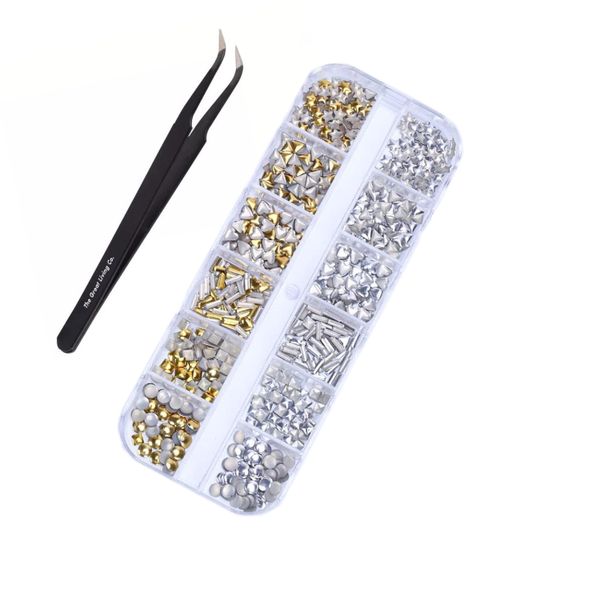 Rhinestone Gold &amp; Silver Hearts, Stars, Triangles &amp; Pickup Tweezer-12 Grids