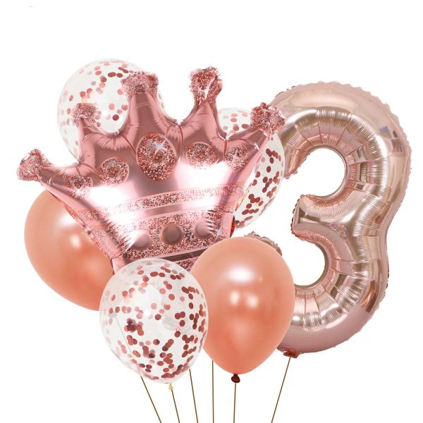 7 Pieces Foil Number 3 Rose Pink Balloon For Birthday Set