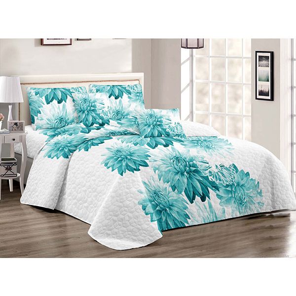 Bedspread Set Queen 5 Piece Microfiber Color White by Blue Flowers