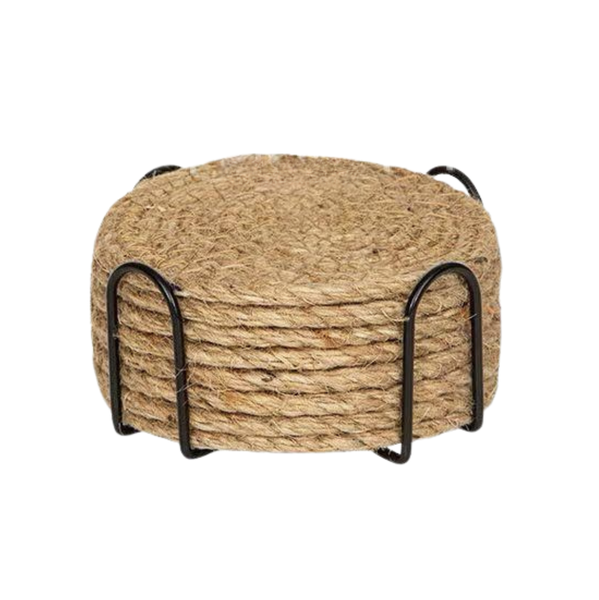 Set of 8 Rattan Coasters with Metal Holder