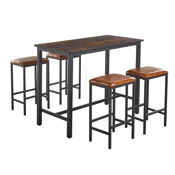 5-Piece Kitchen Dining Set with Height Bar Table &amp; 4 Chairs Brown