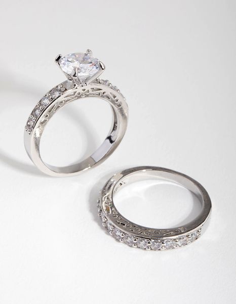 Diamond Simulant Engagement and Wedding 2-Pack Rings