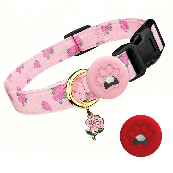 3 Piece Cotton Handmade Cute Dog Collar Set with Airtag Case &amp; Rose Pendant