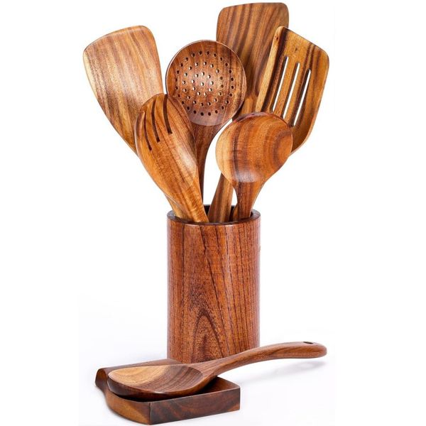 9 Piece Natural Teak Wooden Kitchen Utensil Set with Spoon Rest