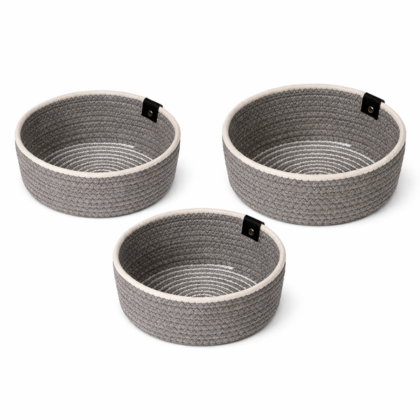 3 Piece - Woven Rope Storage Basket With PU Leather Handle