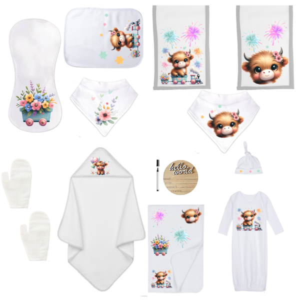 Baby Shower Full Gift Set-Burp cloths, Hooded Towel - Highland Cow Girl